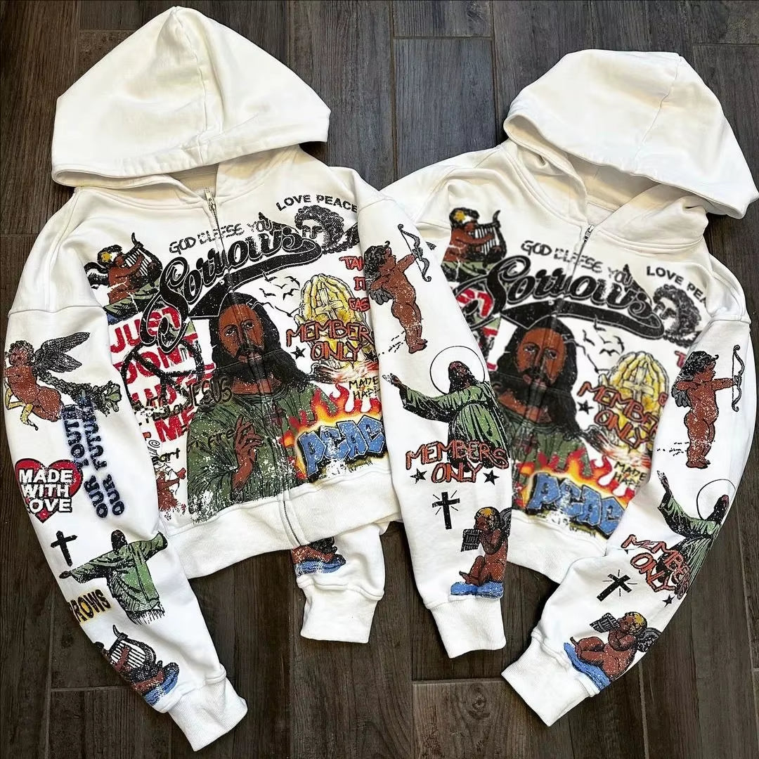New Y2K Zip up Hoodie Oversized Pattern Printed Long Sleeved Sweatshirt Clothes Mens Womens Harajuku Pullover Hoodies Streetwear