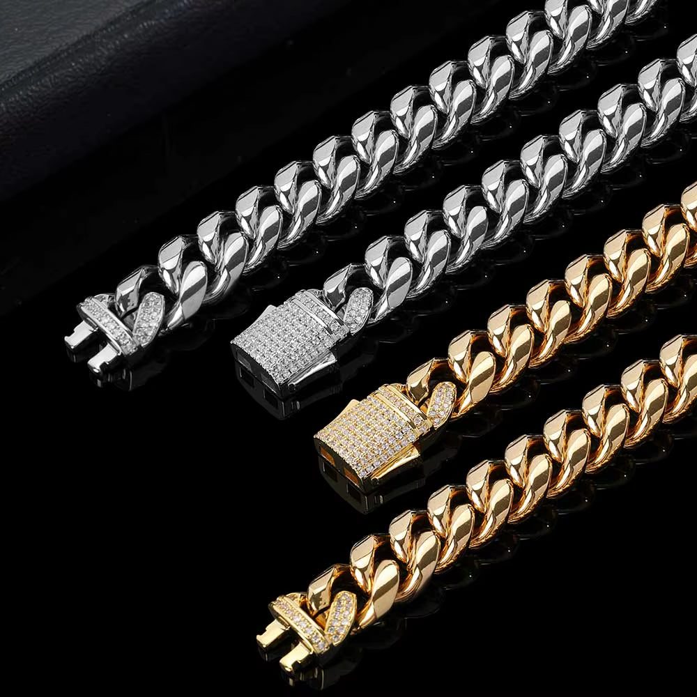 Mens Necklaces Chains Stainless Steel Gold Silver Color Necklace for Men Women Curb Cuban Jewelry with Zircon Clasp