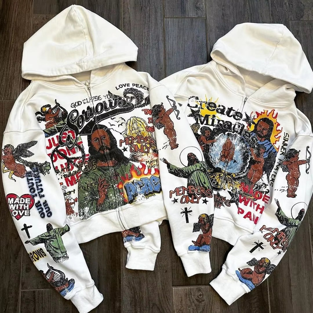 New Y2K Zip up Hoodie Oversized Pattern Printed Long Sleeved Sweatshirt Clothes Mens Womens Harajuku Pullover Hoodies Streetwear