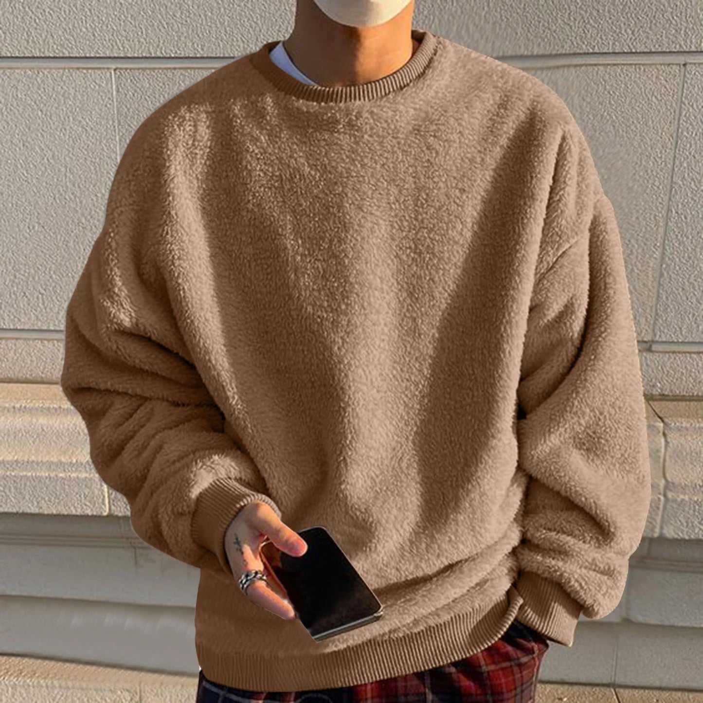 Men Sweatshirts Tops Men'S Solid Color Fashionable Casual Plush round Neck Hoodie Casual Big and Tall Sweatshirts for Men Khaki 5XL