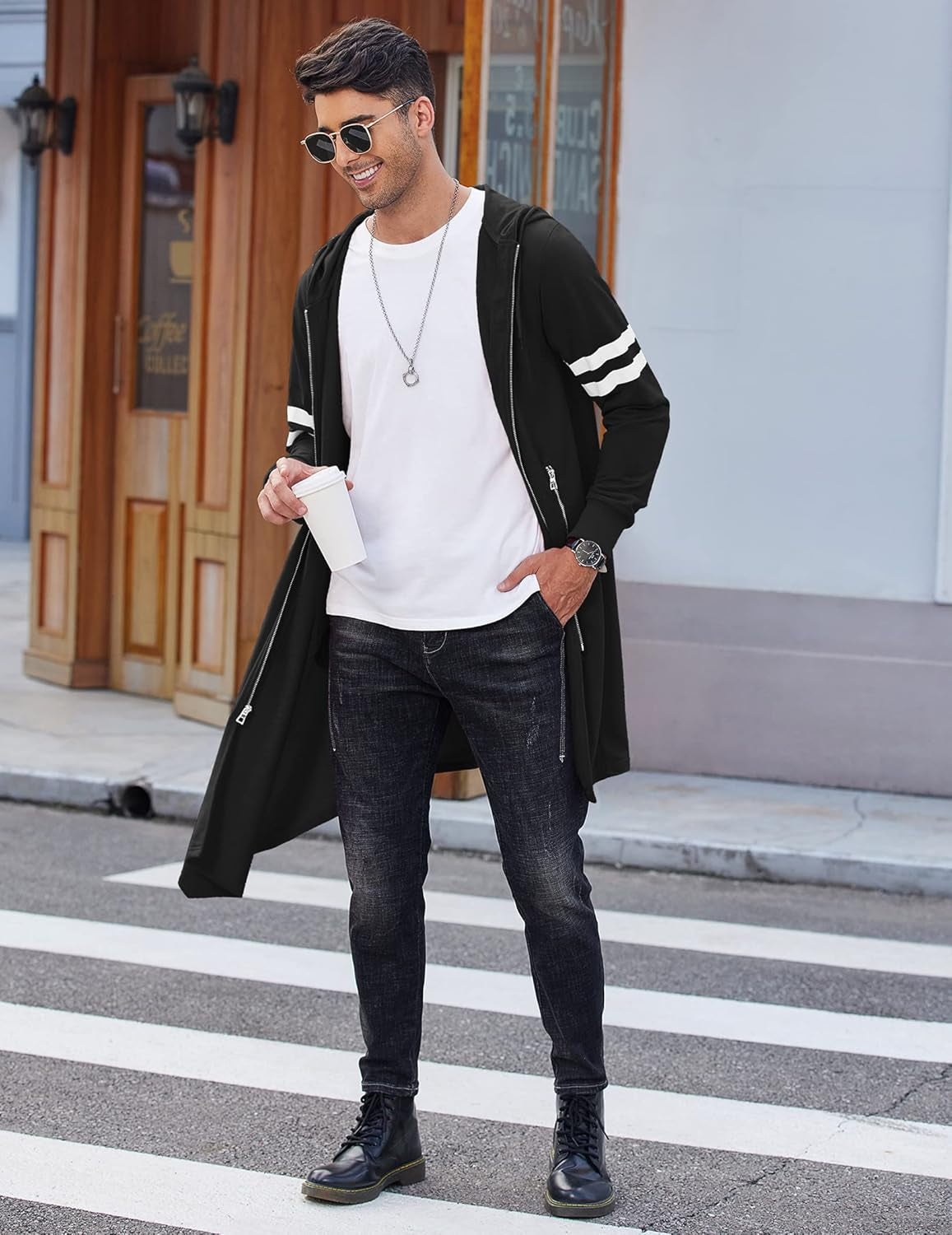 Men'S Fashion Long Hooded Outwear Hoody Sweatshirt Teenager Hoodies Longline Cardigan Black