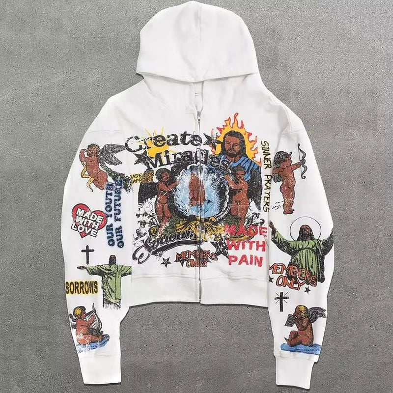 New Y2K Zip up Hoodie Oversized Pattern Printed Long Sleeved Sweatshirt Clothes Mens Womens Harajuku Pullover Hoodies Streetwear