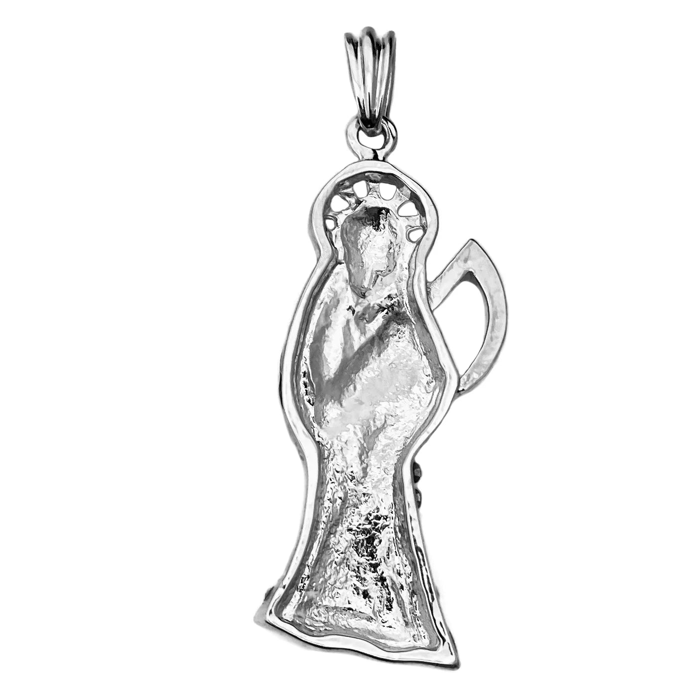 La Santa Muerte Pendant Iced Micro Pave Flooded Bling Grim Reaper Silver Tone Finish Hip Hop Charm Small 2.5"