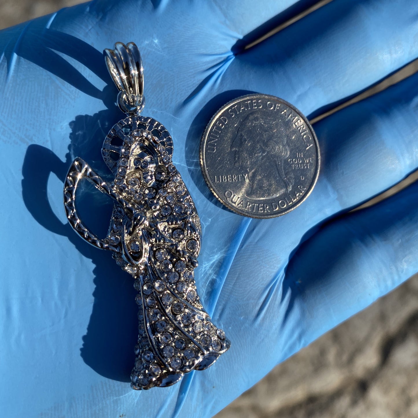 La Santa Muerte Pendant Iced Micro Pave Flooded Bling Grim Reaper Silver Tone Finish Hip Hop Charm Small 2.5"