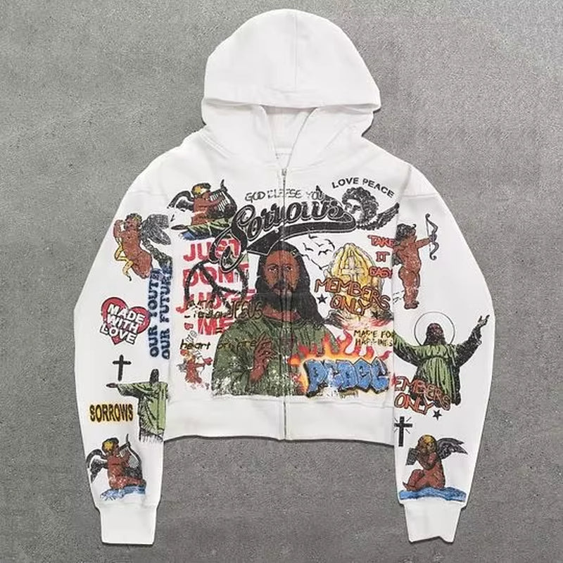 New Y2K Zip up Hoodie Oversized Pattern Printed Long Sleeved Sweatshirt Clothes Mens Womens Harajuku Pullover Hoodies Streetwear