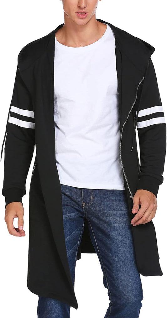Men'S Fashion Long Hooded Outwear Hoody Sweatshirt Teenager Hoodies Longline Cardigan Black