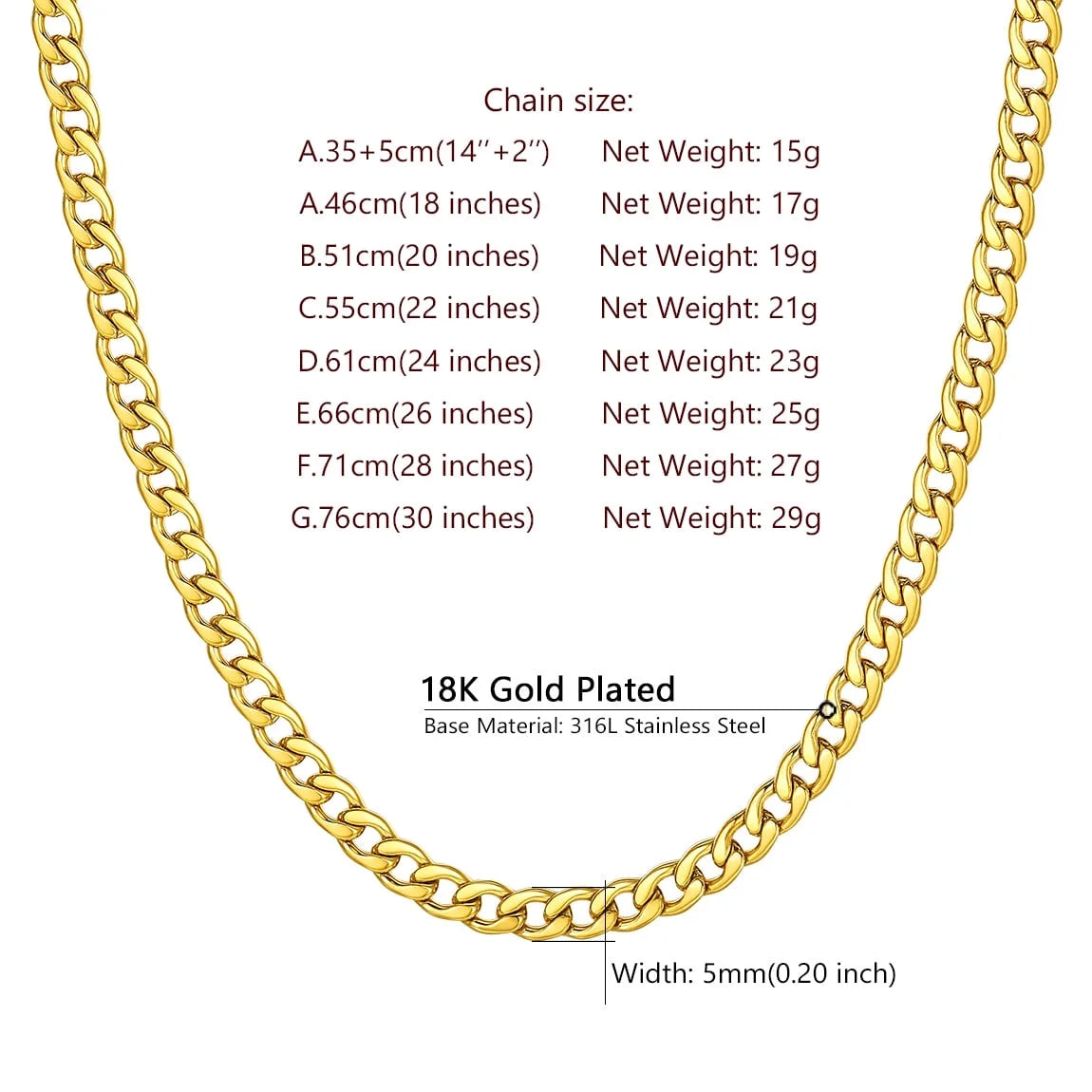 Man Cuban Link Chain Necklace 5Mm 18 Inch Jewelry Finding Chain for Pendant Dad Gold Chain