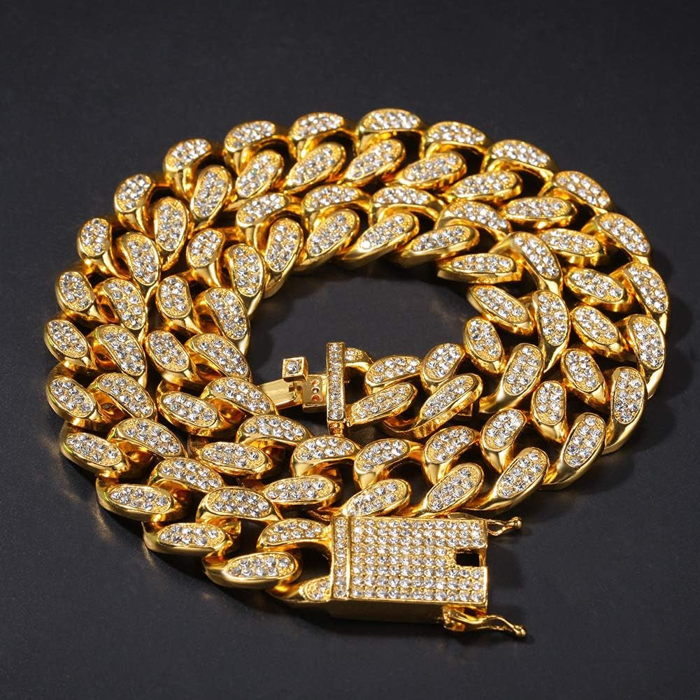 Cuban Hip-Hop Imitation Diamond Watch, Necklace, and Bracelet Set of 3 Pieces, Super Shiny, Suitable for Men and Women as Gifts,Gold-Plated Watch, 24Inch