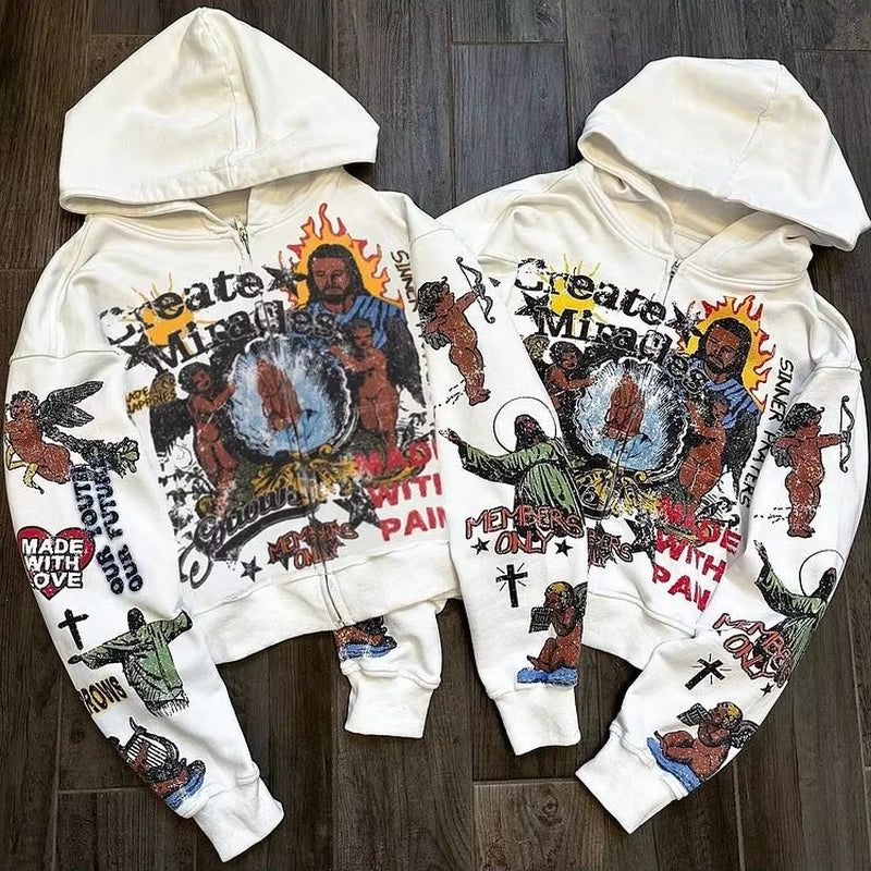 New Y2K Zip up Hoodie Oversized Pattern Printed Long Sleeved Sweatshirt Clothes Mens Womens Harajuku Pullover Hoodies Streetwear