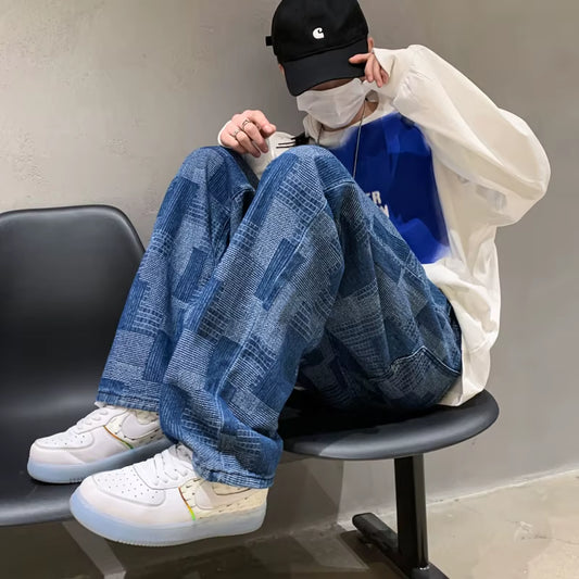 Blue Black Plaid Jeans Men Retro Casual Wide-Leg Jeans Mens Streetwear Loose Hip-Hop Straight Denim Trousers Men Vintage Jeans