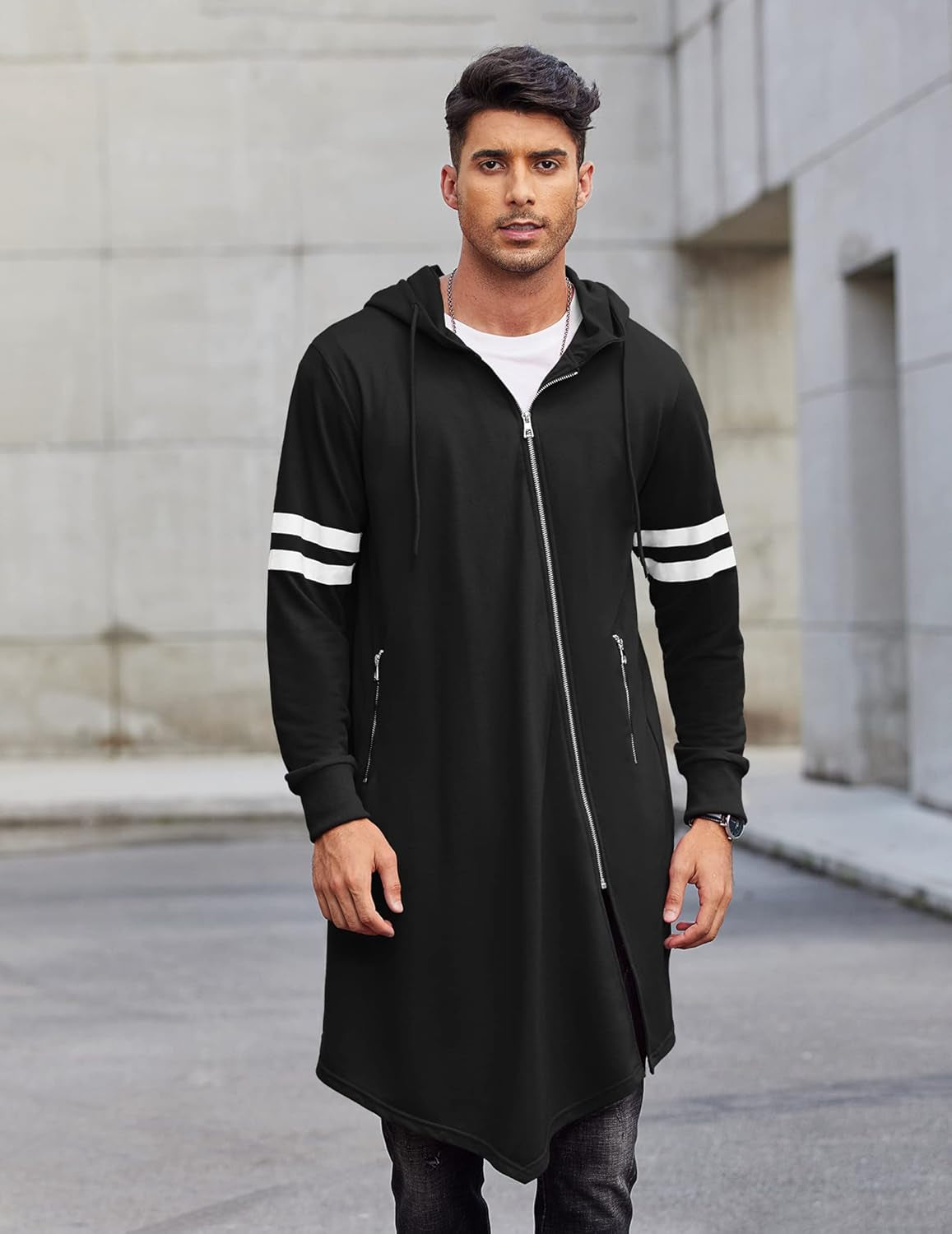 Men'S Fashion Long Hooded Outwear Hoody Sweatshirt Teenager Hoodies Longline Cardigan Black