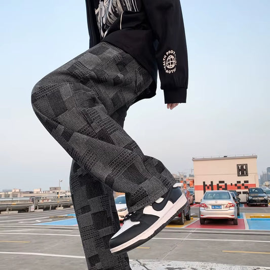 Blue Black Plaid Jeans Men Retro Casual Wide-Leg Jeans Mens Streetwear Loose Hip-Hop Straight Denim Trousers Men Vintage Jeans