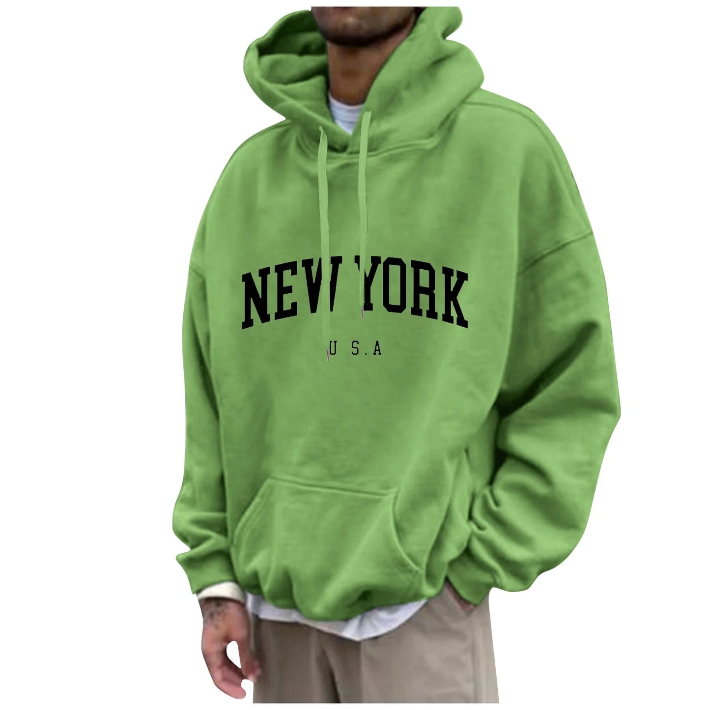 Funny Sweatshirts for Men New York Graphic Long Sleeve Letter Print Hooded with Pocket Hoodies Lightweight Cute Winter Pullover for Teens Y2K Hoody Jacket Green 6XL