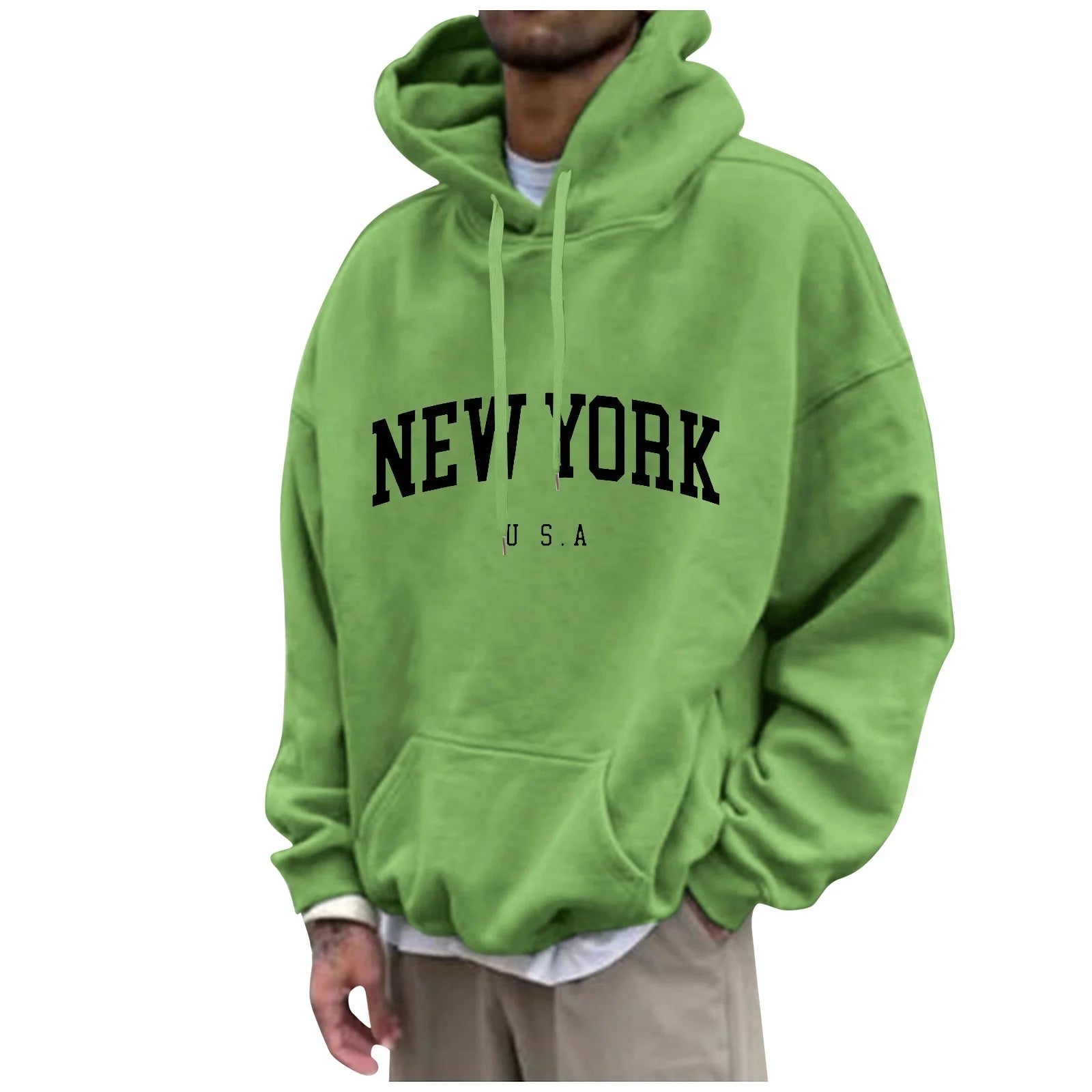 Funny Sweatshirts for Men New York Graphic Long Sleeve Letter Print Hooded with Pocket Hoodies Lightweight Cute Winter Pullover for Teens Y2K Hoody Jacket Green 6XL