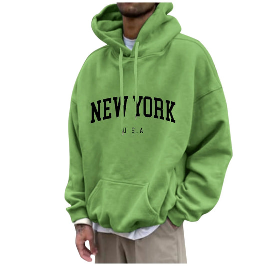 Funny Sweatshirts for Men New York Graphic Long Sleeve Letter Print Hooded with Pocket Hoodies Lightweight Cute Winter Pullover for Teens Y2K Hoody Jacket Green 6XL