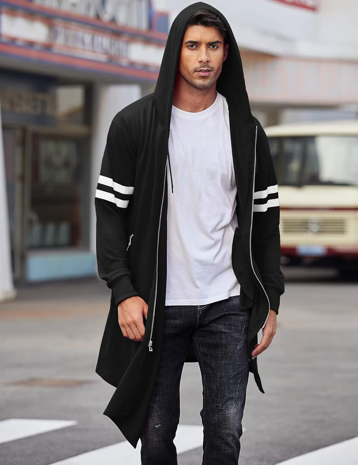 Men'S Fashion Long Hooded Outwear Hoody Sweatshirt Teenager Hoodies Longline Cardigan Black