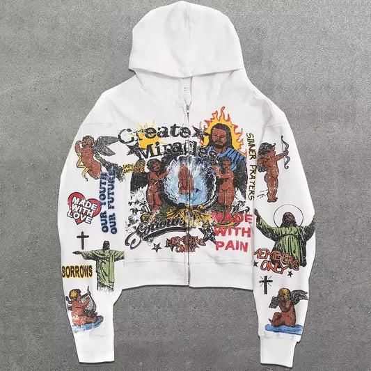 New Y2K Zip up Hoodie Oversized Pattern Printed Long Sleeved Sweatshirt Clothes Mens Womens Harajuku Pullover Hoodies Streetwear