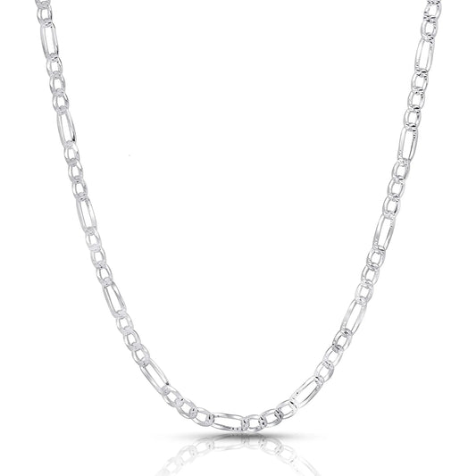Solid Sterling Silver Figaro Link Diamond-Cut Pave .925 Itprolux Necklace Chains 3MM - 10.5MM, 16" - 30", Silver Chain for Men & Women, Made in Italy,