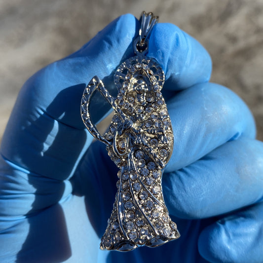 La Santa Muerte Pendant Iced Micro Pave Flooded Bling Grim Reaper Silver Tone Finish Hip Hop Charm Small 2.5"