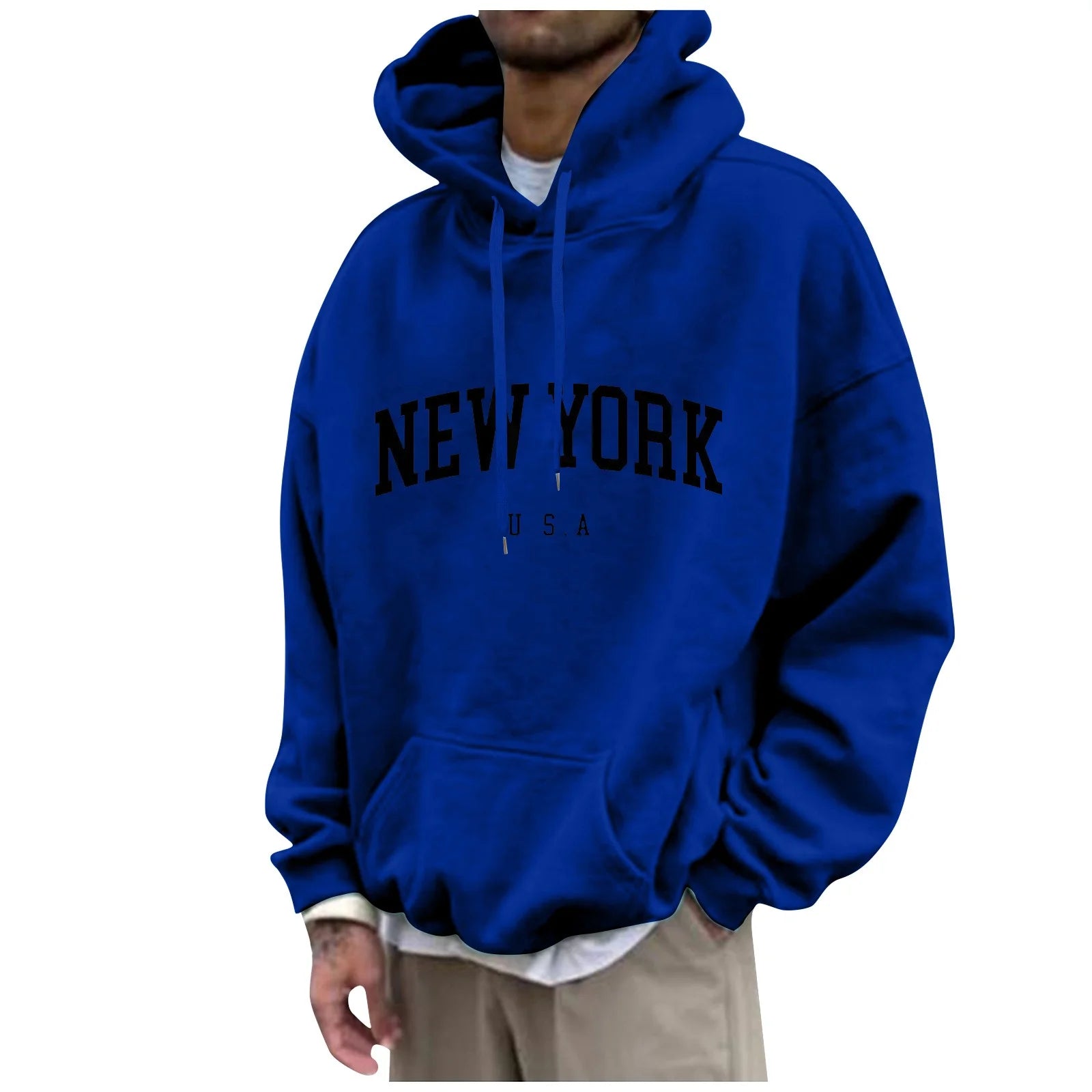 Men'S Hoodies New York Letter Print Graphic Hooded with Pocket Long Sleeve Sweatshirts Winter Baggy Y2K Pullover Casual Cute Hoody Sweaters Royal Blue 3XL