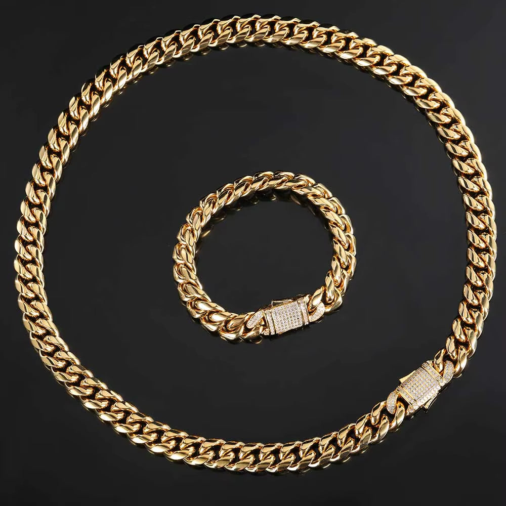 Mens Necklaces Chains Stainless Steel Gold Silver Color Necklace for Men Women Curb Cuban Jewelry with Zircon Clasp