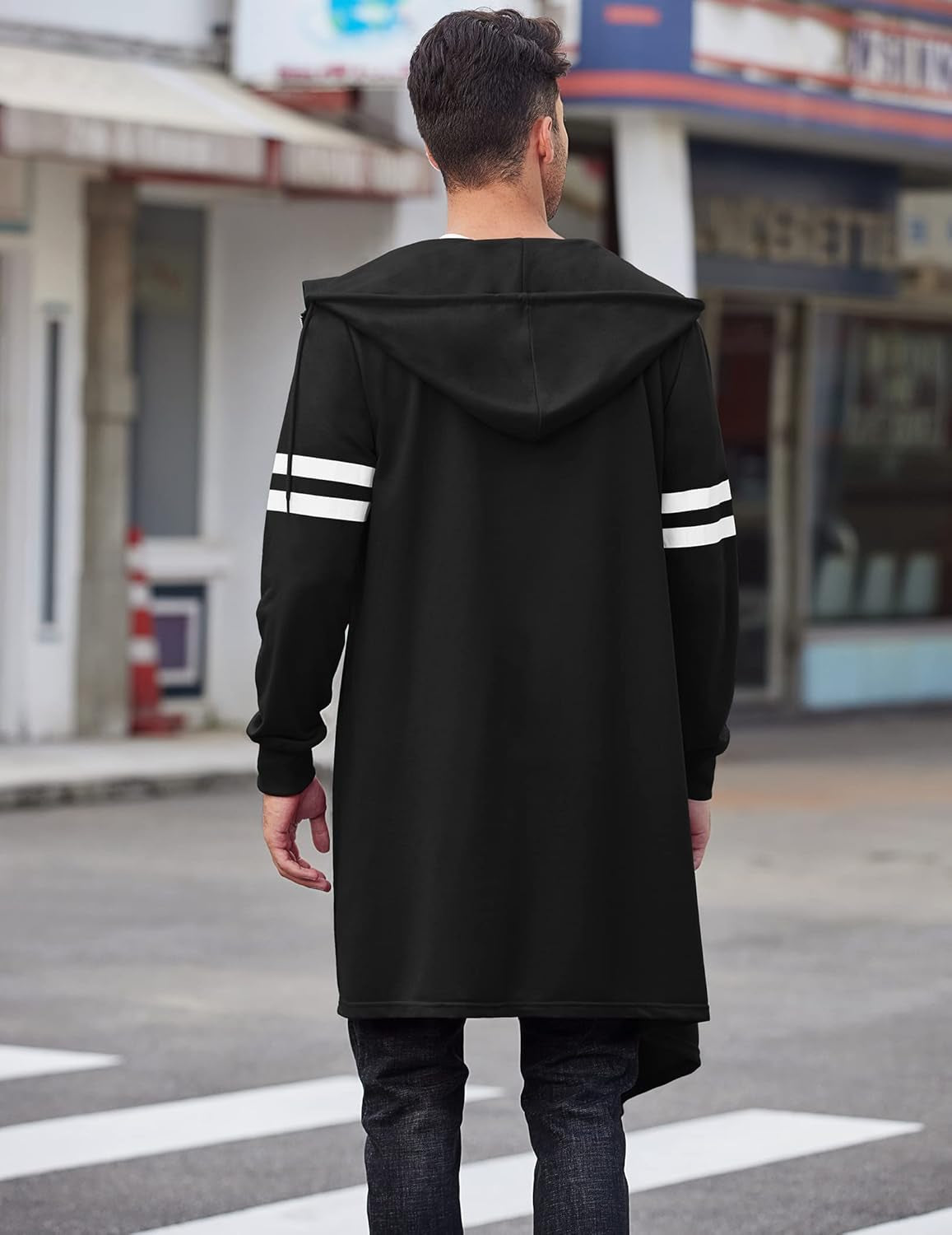 Men'S Fashion Long Hooded Outwear Hoody Sweatshirt Teenager Hoodies Longline Cardigan Black